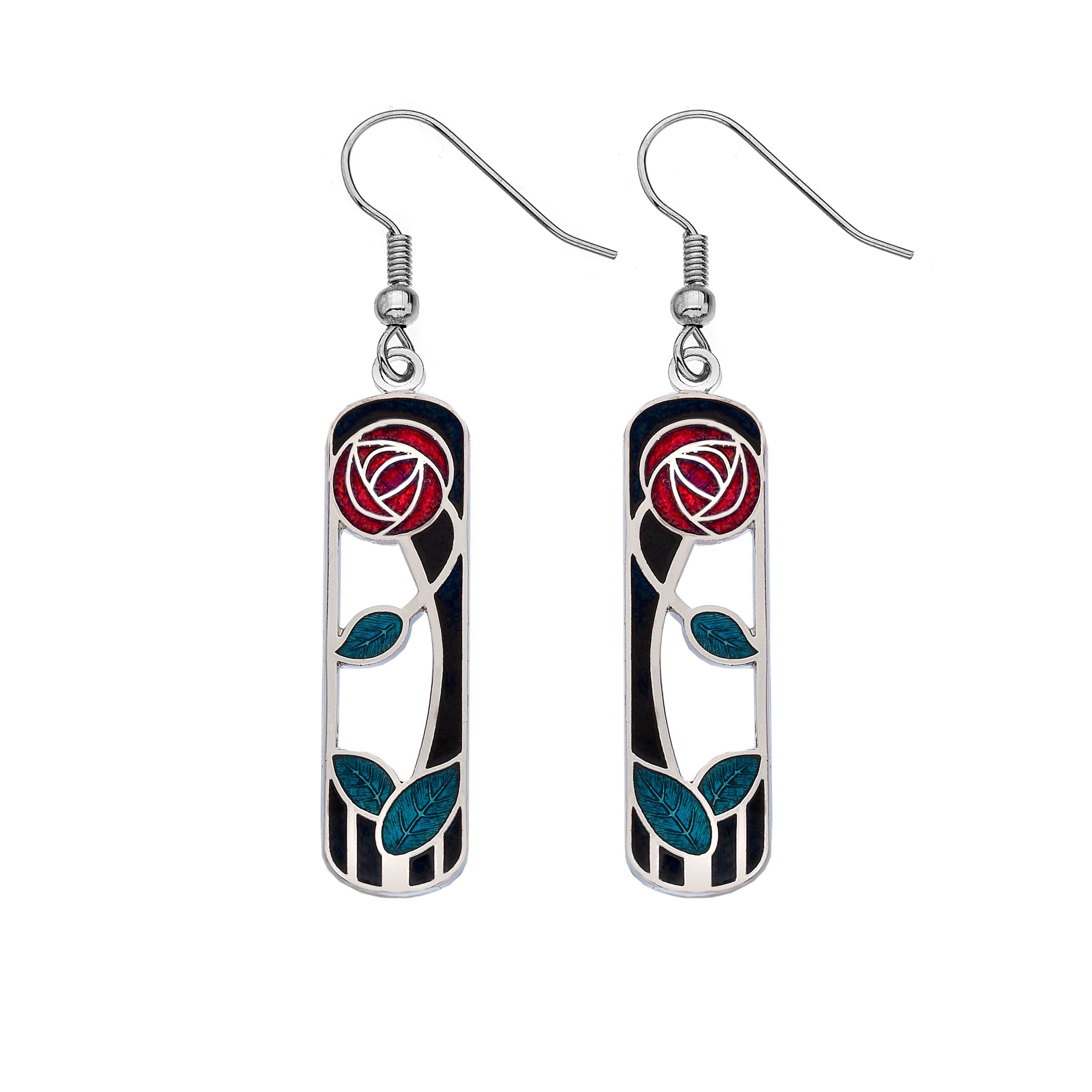 Mackintosh Rose and Leaf Earrings with a Black Background
